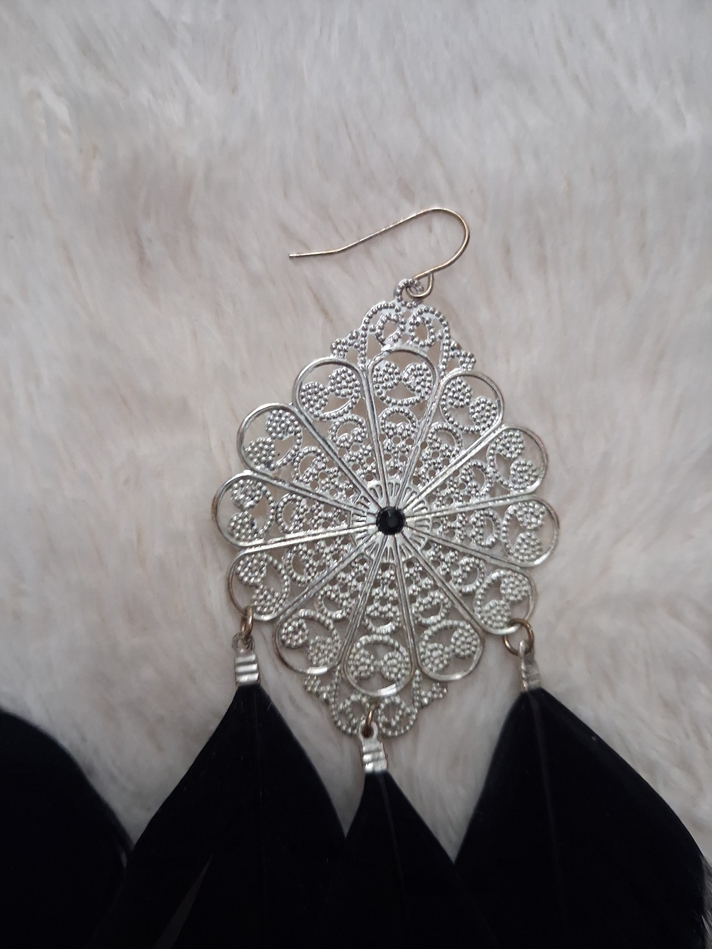 Delicate Silver Filigree Black Feather Drop Earrings by